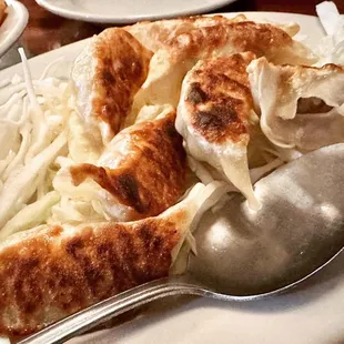 a plate of dumplings and a spoon