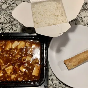 Ma Po Bean Curd With Ground Pork and Egg Roll
