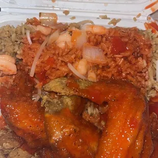Fried chicken extra maumbo, shrimp fried rice extra maumbo and steak n cheese that need more meat