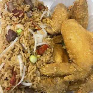 chicken and rice in a styrofoam container