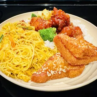 Singapore Rice Noodles, General Tso's Chicken and Shrimp Toast