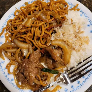 Pork lo mein, white rice, Mongolian beef.