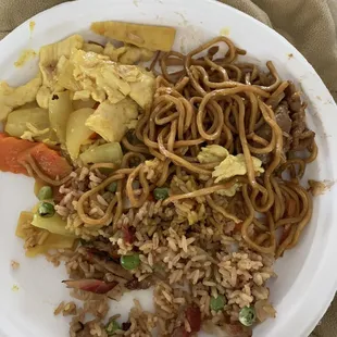 Beef Lo mein and chicken curry with fried rice