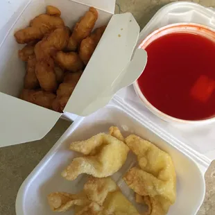 Chicken fingers and crab rangoons with sweet &amp; sour sauce