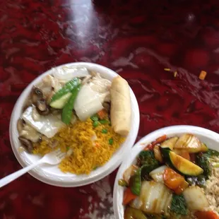 Lunch special. Hot and fresh, but styrofoam plates and plastic forks? Impossible to eat with and not drop the food.