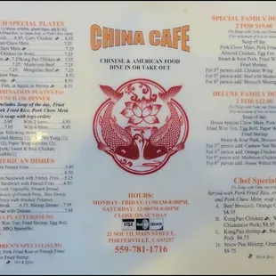 A portion of the menu, featuring combination plates, family dinner, "Chef Specials," along with a small section of American "comfort food."