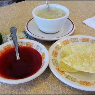 My delicious dinner really got started with the appetizers of "Corn Soup," deep fried "Won Tons," along with a bowl of "Sweet/sour sauce."