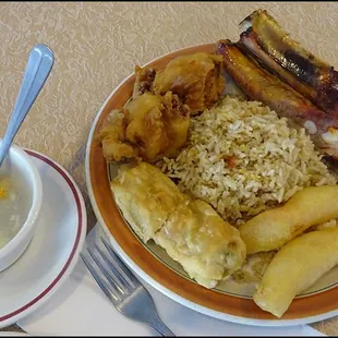 "Asia Platter," which is shown, along with my bowl of "Cantonese Cream Corn Soup," which my server brought as an appetizer.
