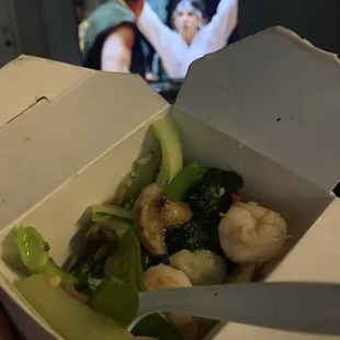 Shrimp with mixed veggies (including taxes. It was $13.06)