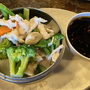 Steamed chicken and veg, garlic sauce on the side.