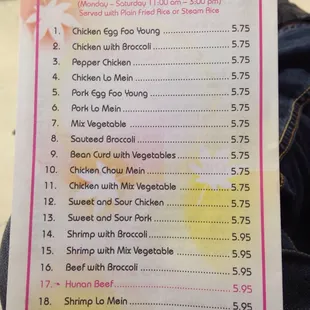 the menu for lunch special