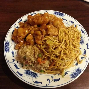 Orange chicken. Chow mein and fried rice. This place has the best chinese food in turlock. Good prices and large servings =)