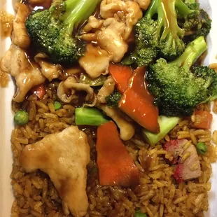Chicken and Broccoli combination with pork fried rice and an egg roll