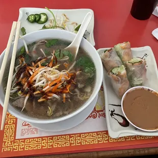 Beef pho with fresh spring rolls.  Yummy!!!