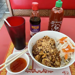 Vermicelli noodles with chicken, deconstructed.  Fantastic!