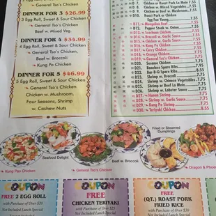 Menu coupons and dinner specials