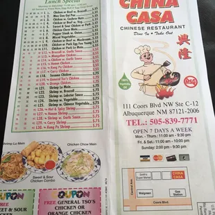 Menu front and lunch specials