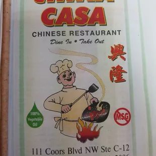 Front of menu at China Casa
