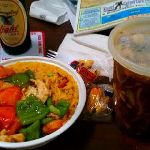 Chicken with peppers and tomatoes and a quart of hot n sour soup