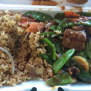 Spicy beef with snow peas and pork fried rice!