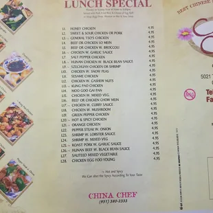 a menu for lunch special