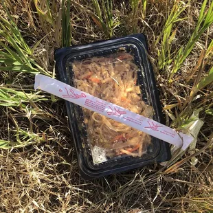 a plastic container of noodles and a plastic spoon