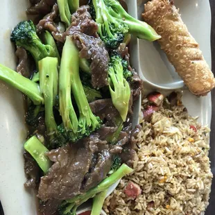 SMALL beef and broccoli with pork egg roll, and BBQ pork fried rice.