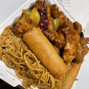 Kung Pao Chicken and Orange Chicken with Fried Rice and Chow Main