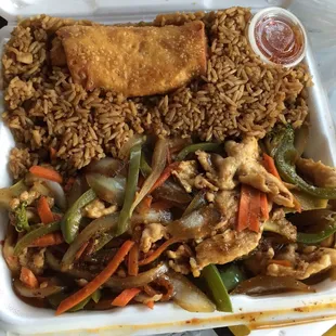 Mongolian chicken dinner combo. The egg roll was mush from sitting in the super oily, old rice.
