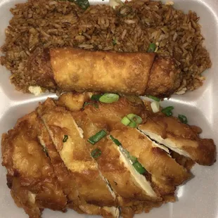 Almond Boneless Chicken with Egg Roll and Fried Rice