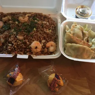 Shrimp fried rice with nice size shrimp. The dumplings were good not great.