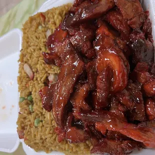 Bonesless spare ribs and pork fried rice