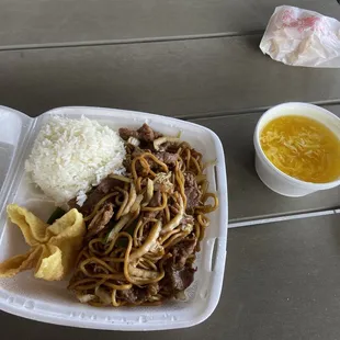 beef lo mein with white rice, crab rangoon, and egg drop soup