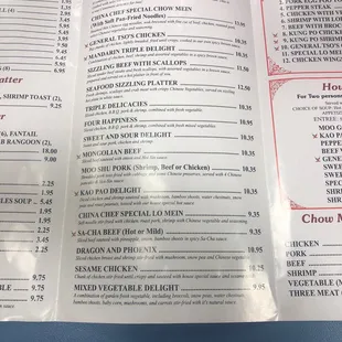 the menu and prices