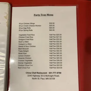 Party Tray Menu