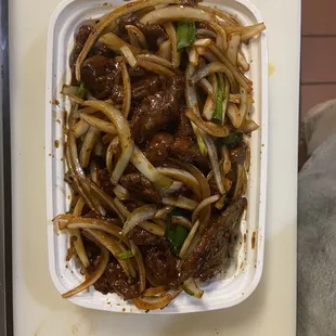 beef and onions in a dish