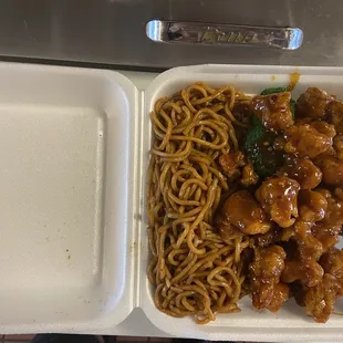 chicken and noodles in a styrofoam container