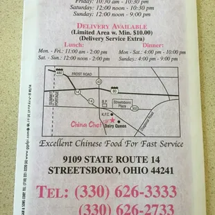 Front of menu with map since the yelp gps took us to a completely different location.