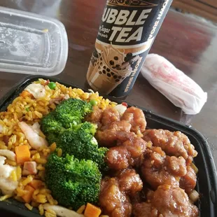 General Tsos combo with egg roll and boba tea.