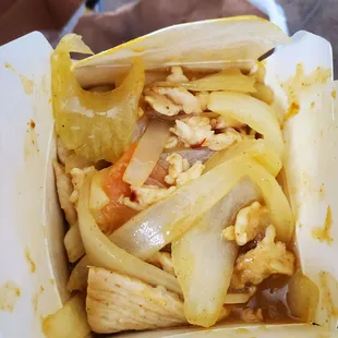 Chicken curry came with rice it&apos;s OK too many odd veggies in it tho