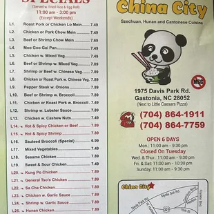 menu for lunch specials