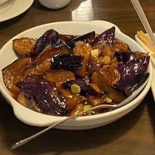 Dried pepper chicken, eggplant in black bean sauce, cold beef tendon and tripe