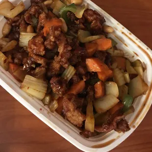 a take out container of food