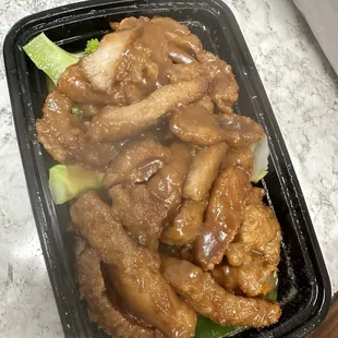 Peanut butter chicken  -Deep fried chicken with veggies in a peanut butter sauce.