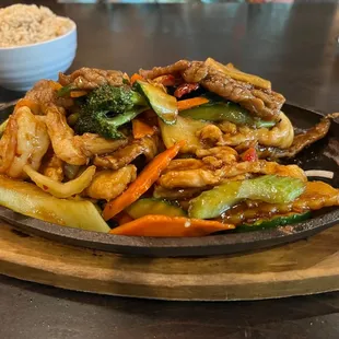 Happy family sizzling platter. This was excellent, great flavor. I selected fried rice to go with it. Best Chinese food I&apos;ve had.