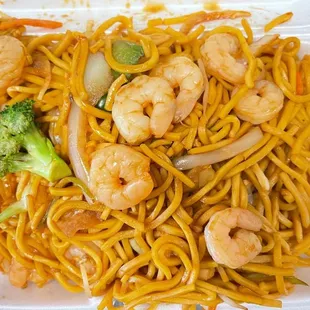 shrimp and noodles in a styrofoam container