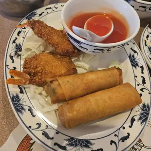 Egg rolls and fried shrimp, as a part of our family dinner.