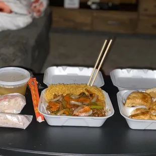 My whole meal, so much food (Szechuan Beef Combination Plate &amp; Pan Fried Dumpling)