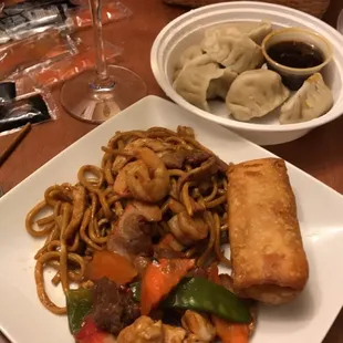 Happy Family, House lo mein, eggroll and steamed dumplings