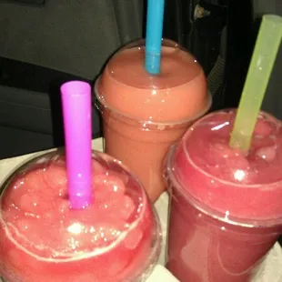 Strawberry,mango-watermelon,and watermelon-strawberry smoothies all delicious...